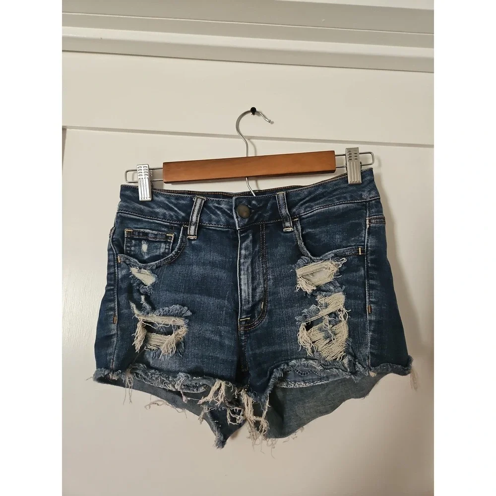 American Eagle Super Stretch Denim Shorts Womens Size 4 Hi-Rise Distressed Blue